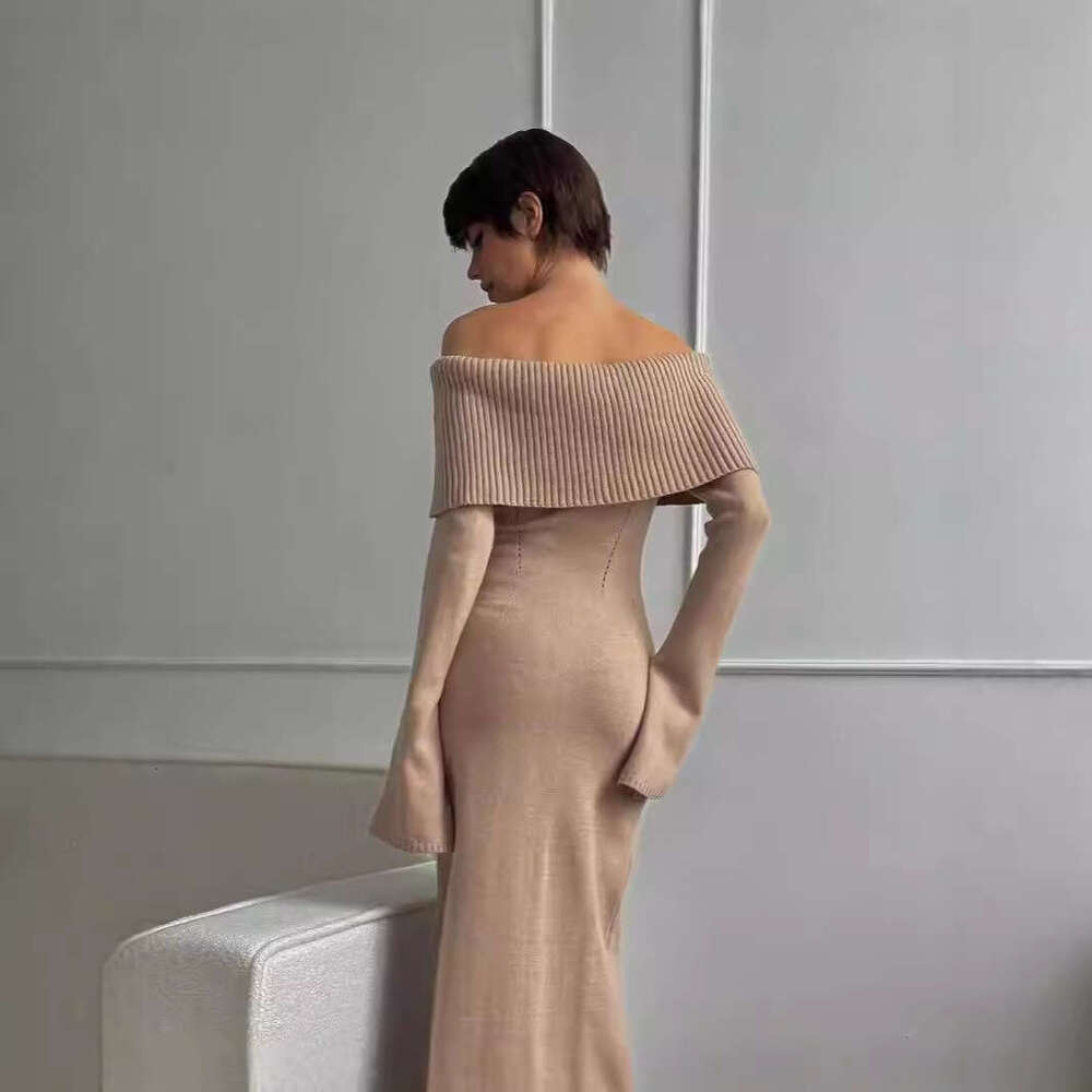 Sexy Autumn Winter Sweater Turn-Down Collar Off-Shoulder Knitted Dress B5