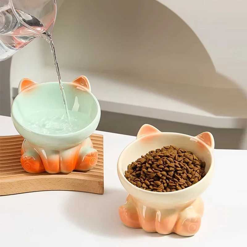 New Cute Ceramic Gradient Cat Bowl Food Antitipping Drinking Protecting Cervical Vertebrae Bowl For Cats Dog Accessories C251009