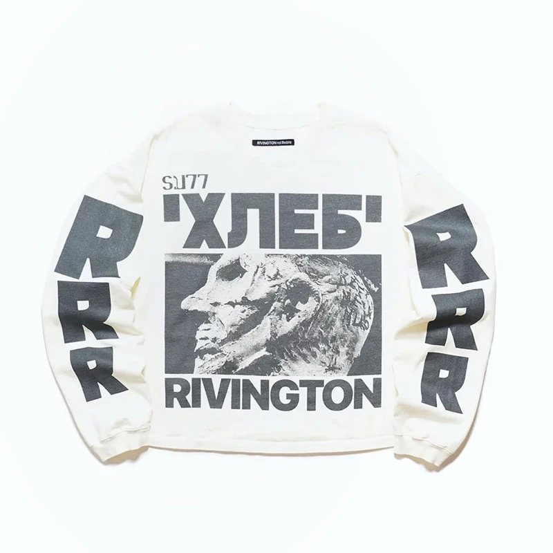 Vintage White Long Sleeves T Shirt Men Women Unisex Oversized Tee Top Hip Hop Print Cotton T-Shirt