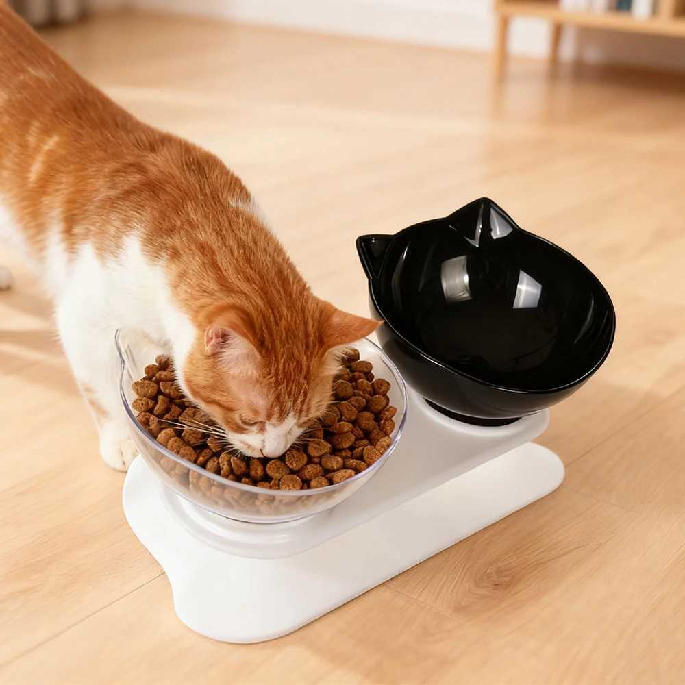 Double Kitten Bowl 2 Cat Feeder Container Tilted Pet Inclination Stand Cats PC Plastic Nonslip Feeding Bowl For Small Dogs Cats C251009