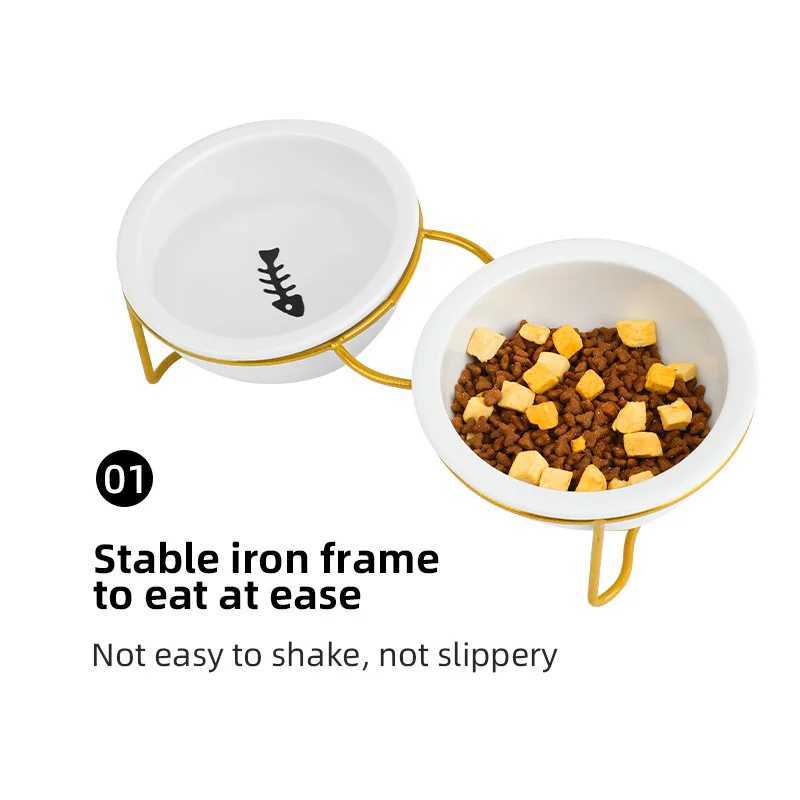 1 Set Elevated Ceramic Cat Bowls 1 Set NonSlip Ceramic Cat Food And Water Bowls With Iron Bracket Elevated Tilted Cat Feeder C251009