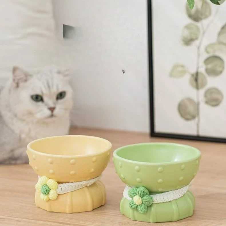 Elevated Ceramic Pet Bowl Cute Raised Cat Dog Dish for Food and Water TipProof Design for Neck Health AntiSpill Feeder Bowl C251009