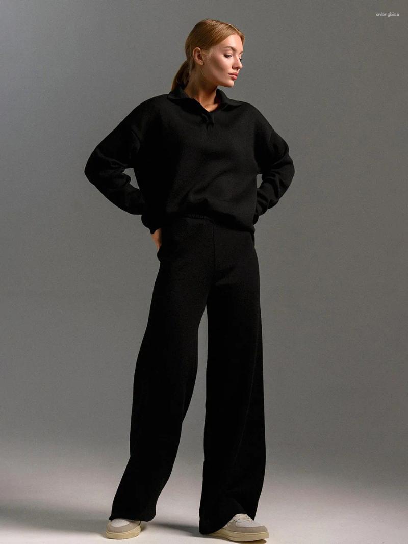 Women's Two Piece Pants Winter Thick Women Knitted 2 Pieces Sets Suits Soft Female Polo Neck Sweater Wide Leg Clothes C260312