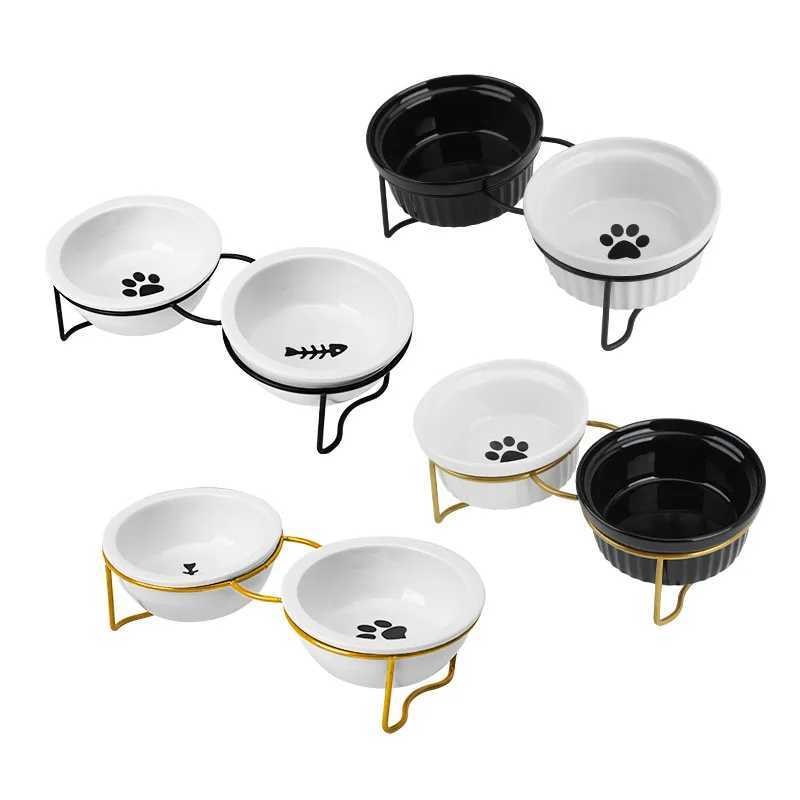 Ceramic Cat Bowls Set 2in1 Elevated Pet Feeder with Stand Dual Food Water Dish for Neck Support Anti Tip Dog Bowls C251009