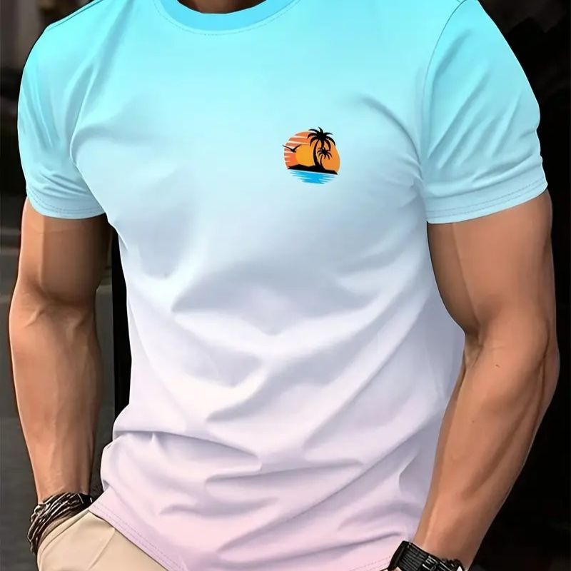 Men's Gradient Color Block T-Shirt with Palm Tree Sunset Graphic - Casual Summer Tee-50