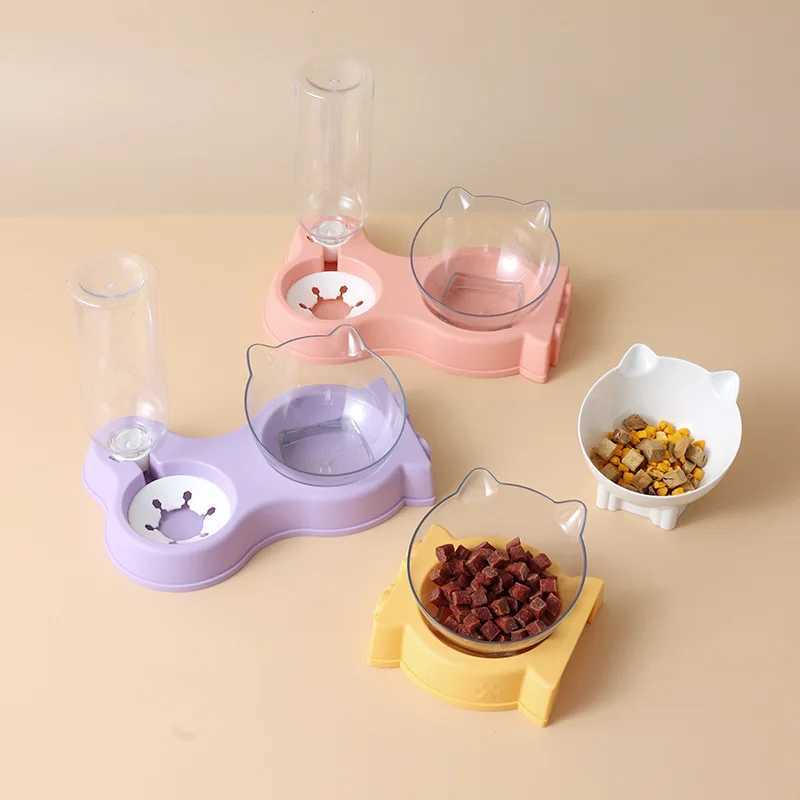 Pet Cat Food Bowl Automatic Feeder AllinOne Splice Dog Cat Food Bowl and Drinking Fountain Drinking Raised Standing Dish Bowl C251009