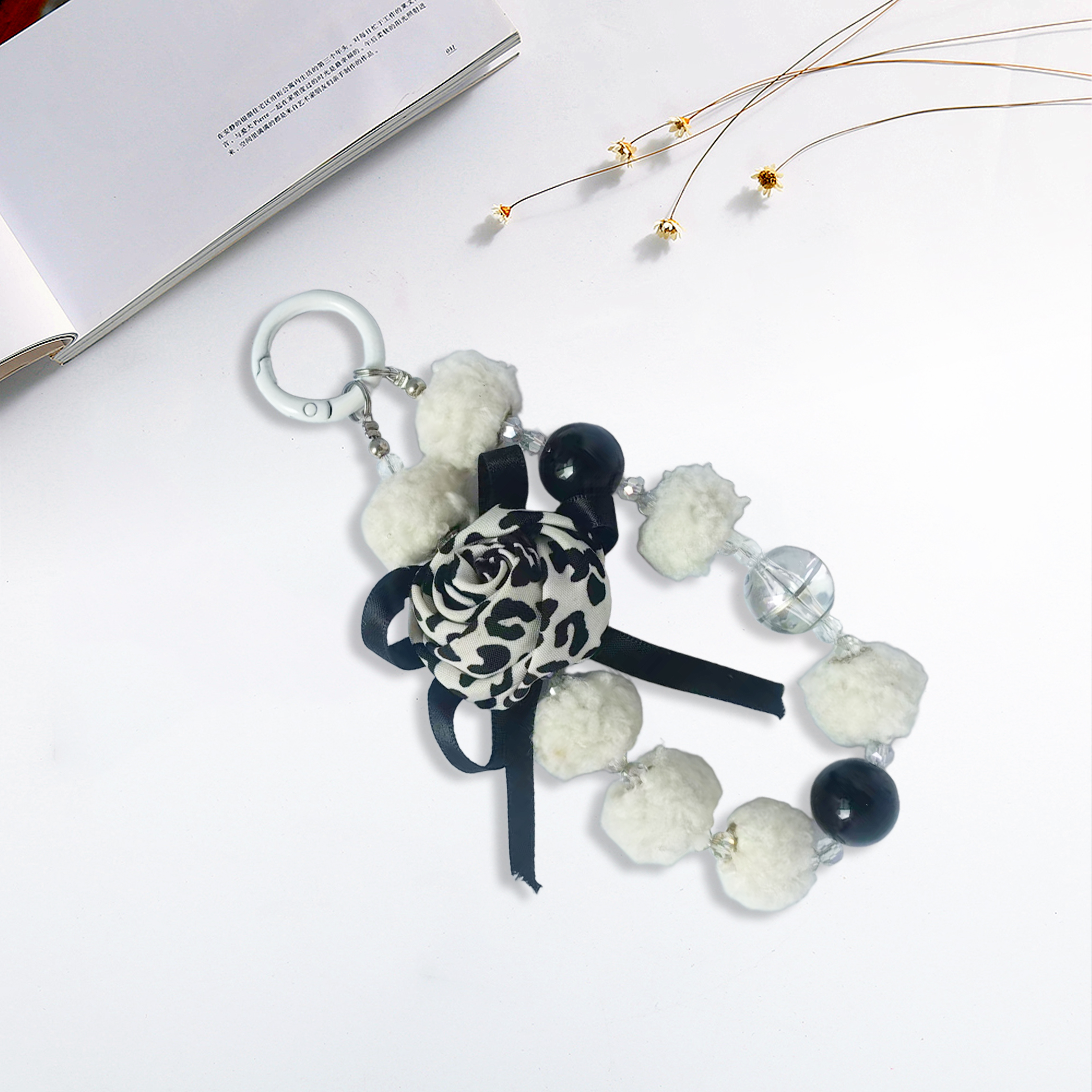 Leopard-print rose, plush ball bead phone strap, creative design, multiple colors available, stylish and versatile, anti-loss, easy to carry