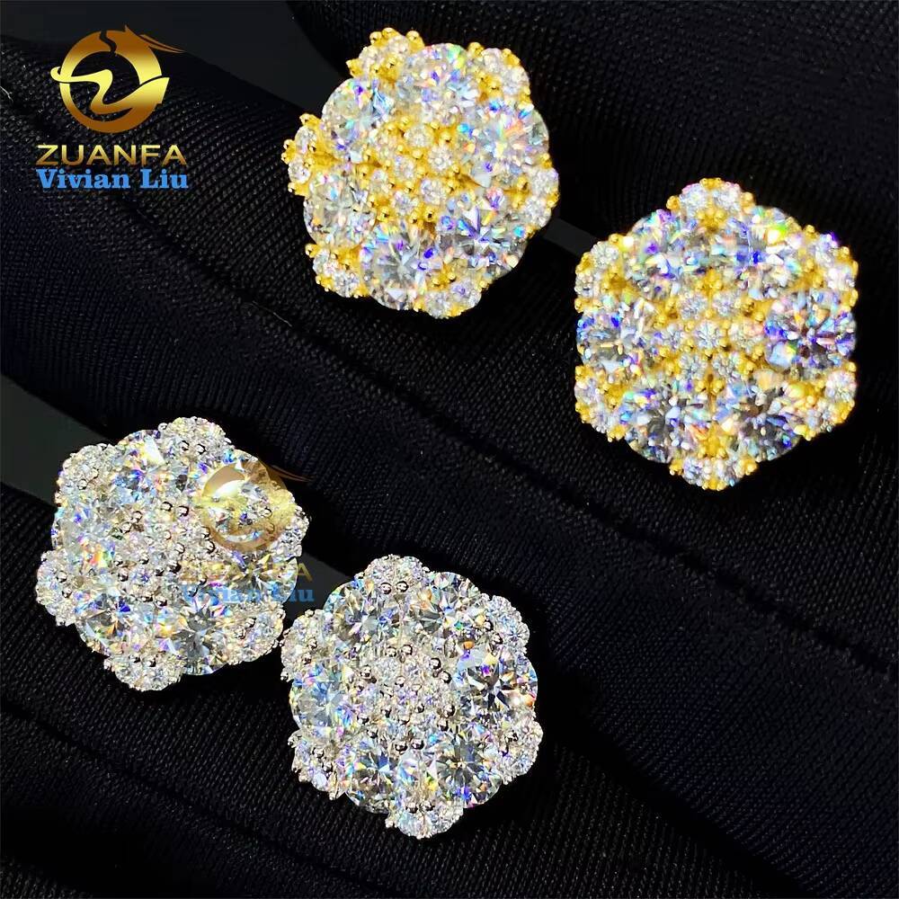 Hip Hop 14K Real White Gold Round Lab Diamond Cluster Flower Earrings EverLasting Gift for Women Men Fine Jewelry