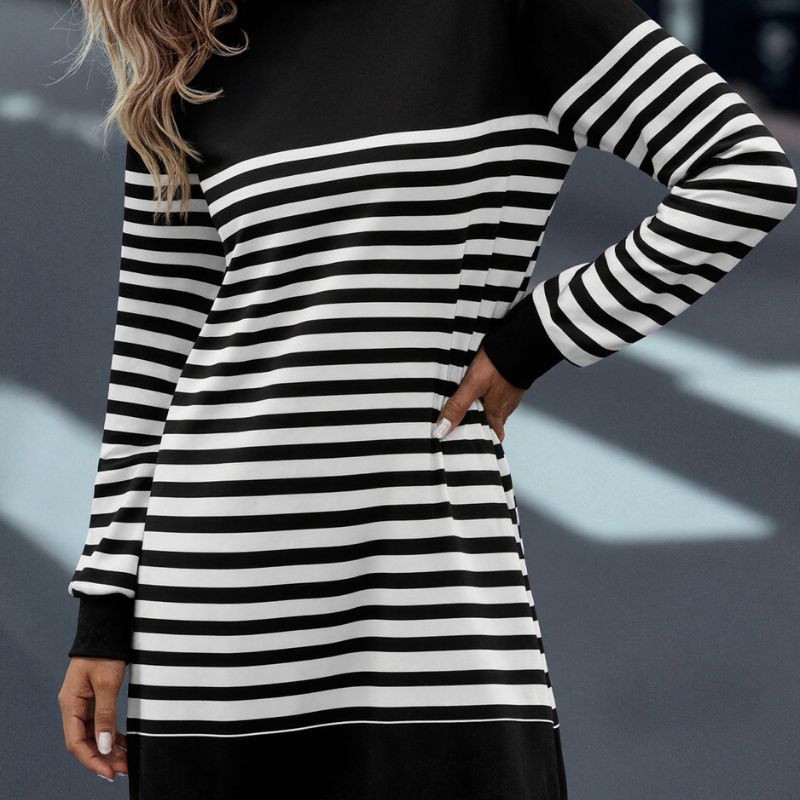 Women's Autumn Winter Striped Print Long - Sleeve Dress - Fashionable Commute & Outdoor Midi Dress-CF56283