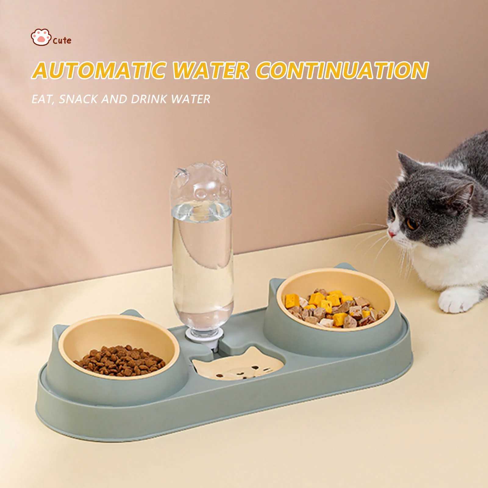 Pet Cat Bowl Automatic Feeder Dog Food Bowl With Water Fountain Double Bowl Drinking Raised Stand Dish Bowls For Cats C251009
