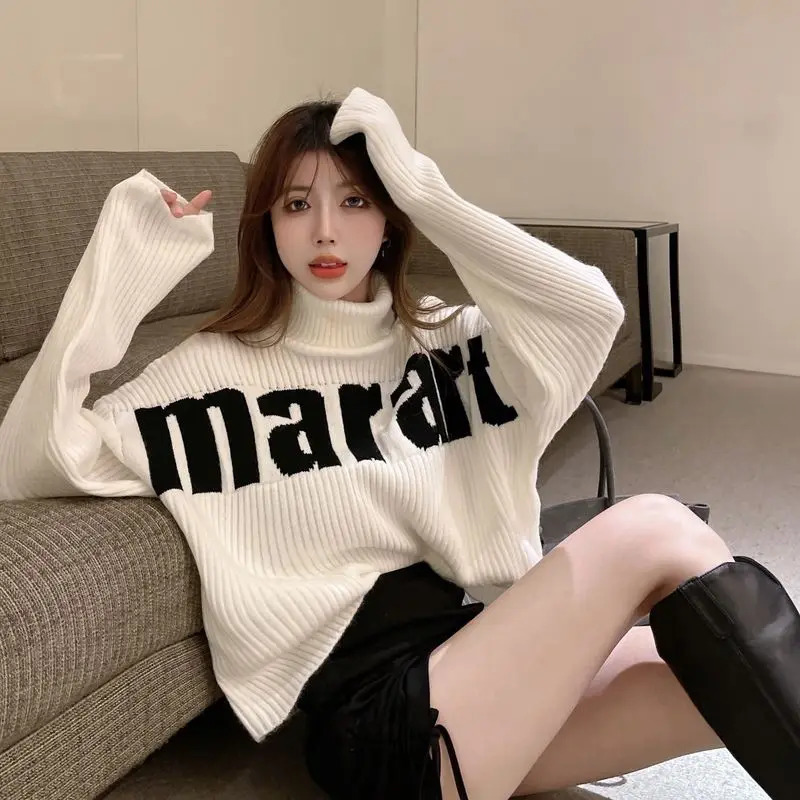 Turtleneck Sweater Women Autumn Winter Casual Korean Top Tee Loose Thick Knitting Pullovers Women Clothes Letter Trend Coat 251009