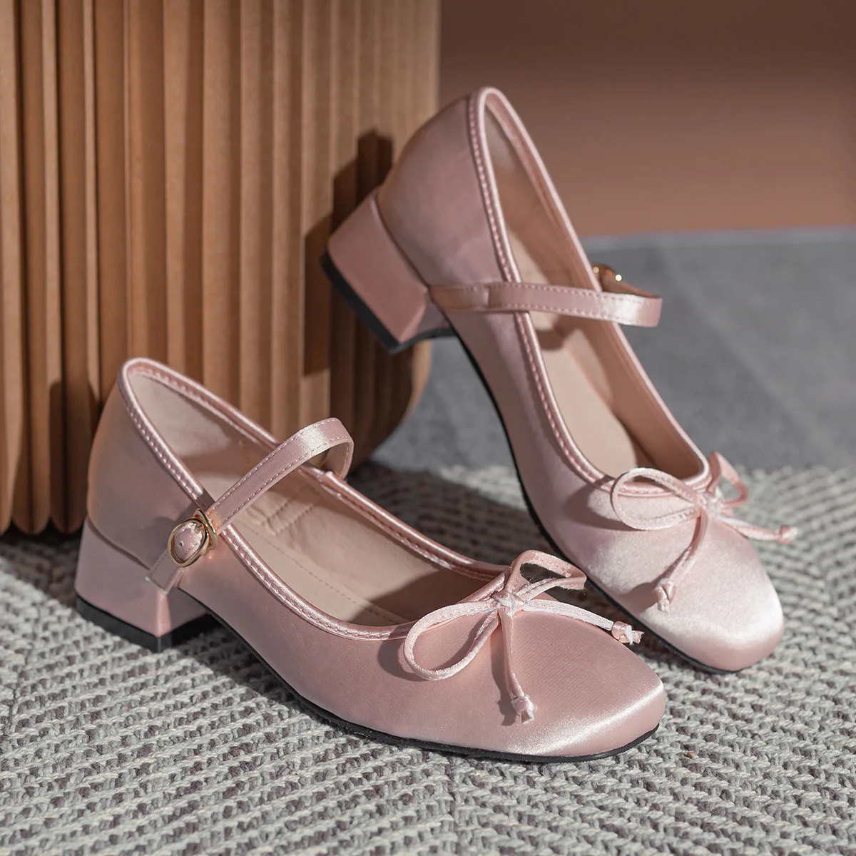 Med High Heels Bowtie Ballerina Woman Silk Buckle Strap Pumps Pink Dance Ball Party Shoes Brides Wedding Mary Janes Traf Tacones 251009