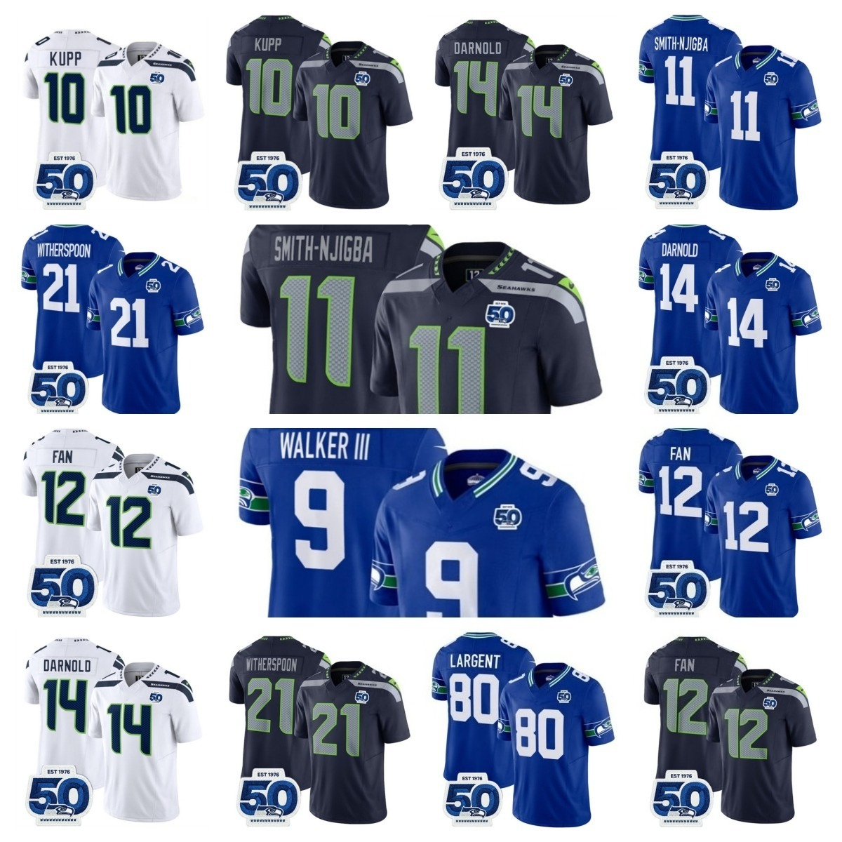 NFL Seahawks Football Jersey 50th Jaxon Smith-Njigba 12 Fan Devon Witherspoon Steve Largent Kenneth Walker III Sam Darnold Cooper Kupp
