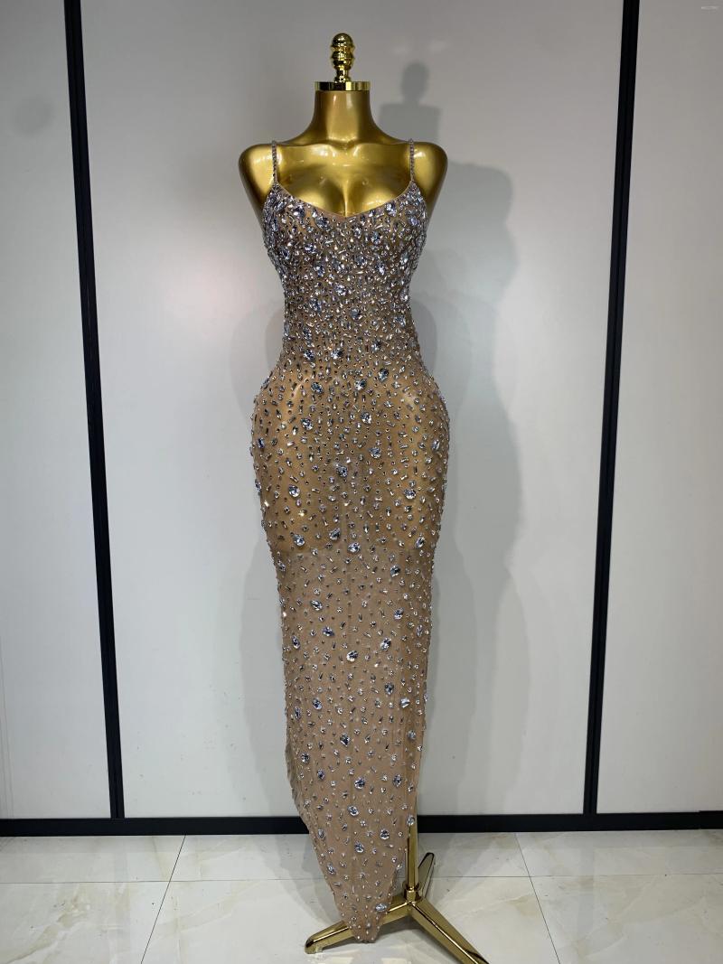 Casual Dresses Luxury Rhinestones Sexy Mesh See Through Bodycon Dress Women Birthday Evening Cocktail Party Gown Red Carpet Club Stage