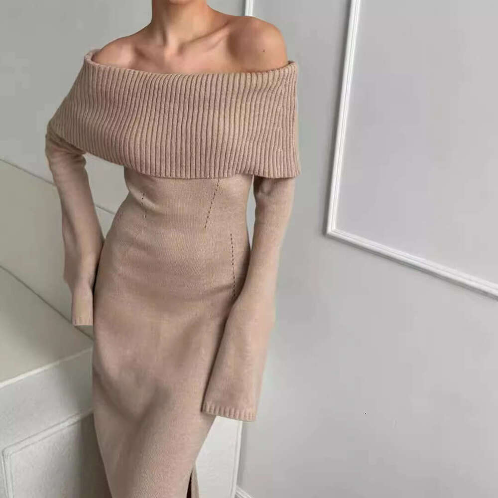 Sexy Autumn Winter Sweater Turn-Down Collar Off-Shoulder Knitted Dress B5