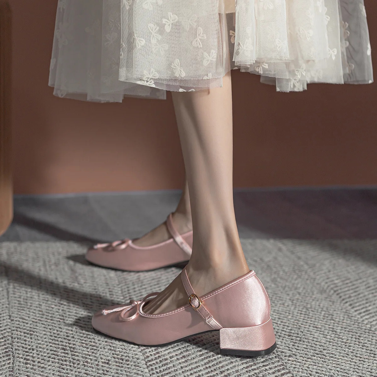 Med High Heels Bowtie Ballerina Woman Silk Buckle Strap Pumps Pink Dance Ball Party Shoes Brides Wedding Mary Janes Traf Tacones 251009