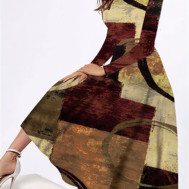 Women's Autumn Winter Fashion Geometric Color - Block Long - Sleeve Dress - Elegant Casual Crew Neck Dress-CF56224