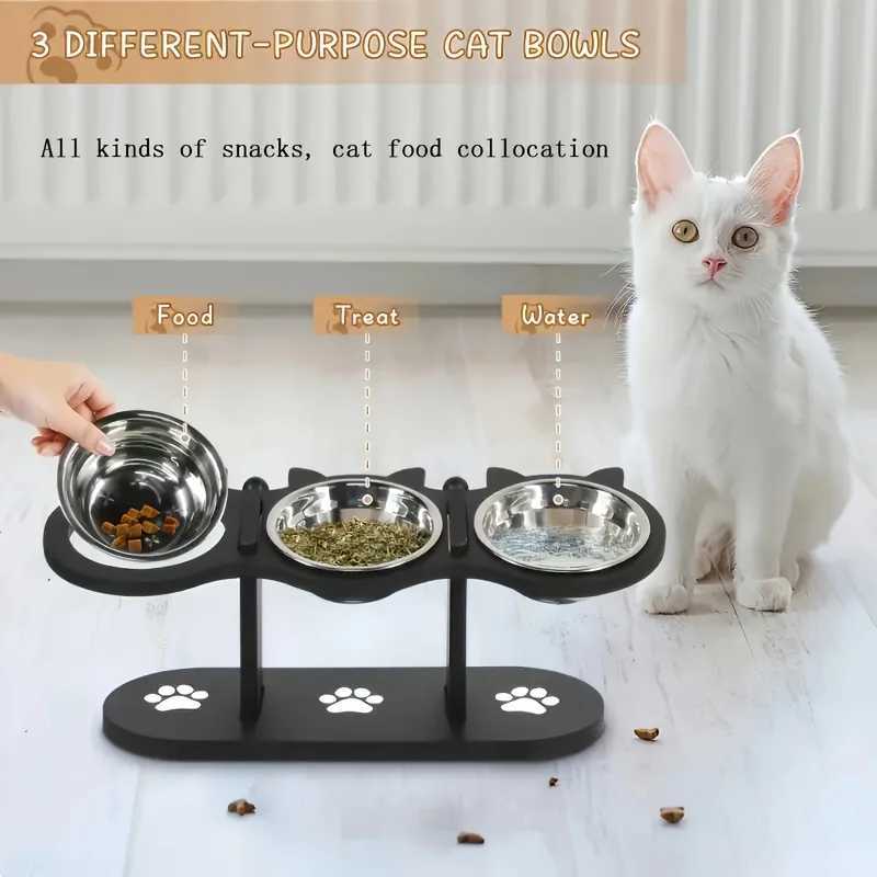 Elevated Cat Food Bowl with Wooden Support Frame Stainless Steel Cat Bowl Adjustable 15 Angle Stand Sloped Pet Food Bowl C251009