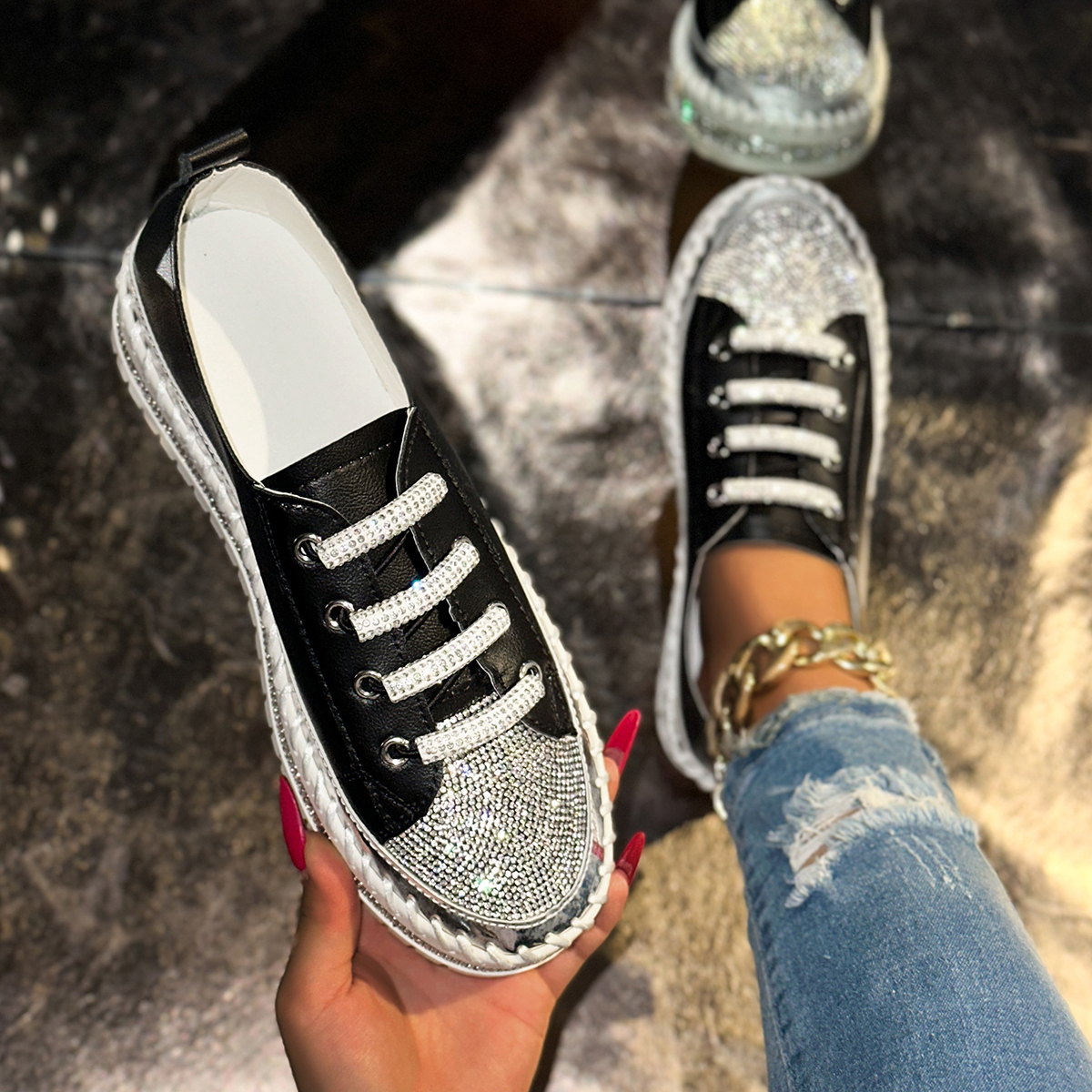 Fashion 3cm Luxury diamonds Platform Sneakers for Women Casual Non Slip Thick Sole Sports Shoes Woman Comfortable Casual Designer Sports Shoes Zapatos