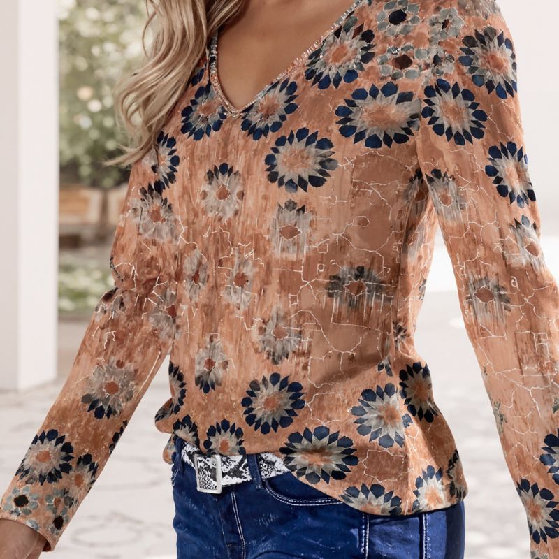 Women's Autumn New Fashion Casual Floral Print V - Neck Long - Sleeve T - Shirt-CF56242