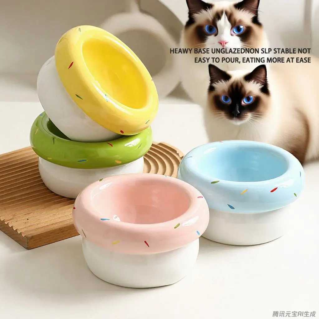 Donut Ceramic Pet Bowl Wide Mouth CatDog Dish NonSlip Heavy Base AntiTip Food Water Bowl Cute Design C251009