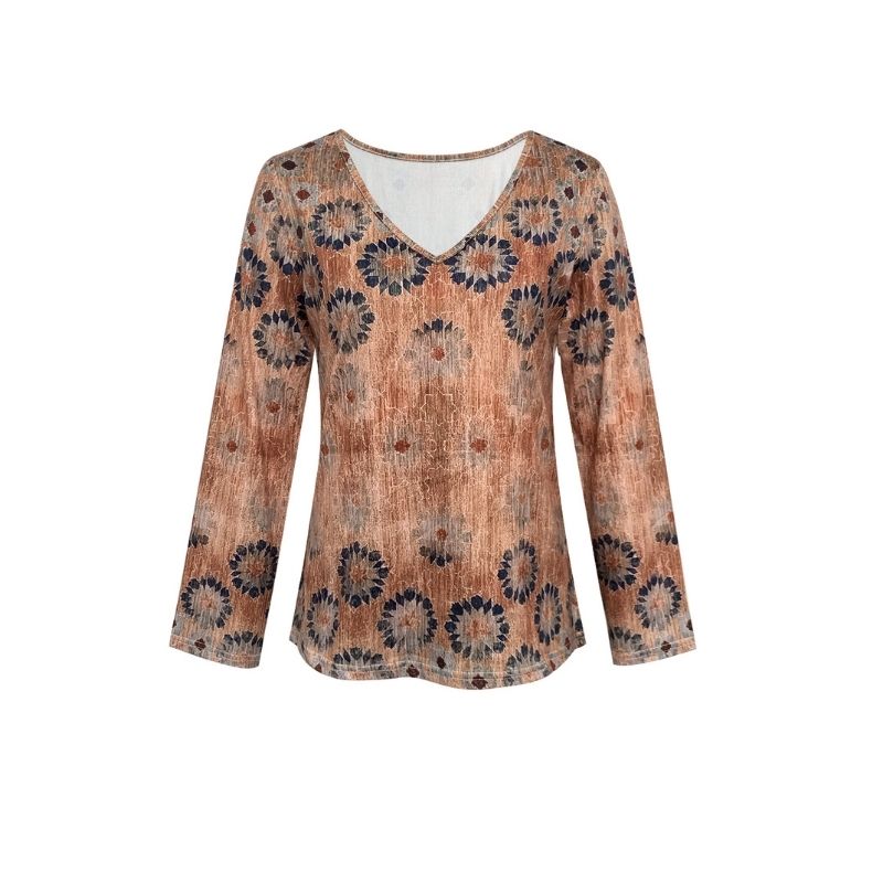 Women's Autumn New Fashion Casual Floral Print V - Neck Long - Sleeve T - Shirt-CF56242