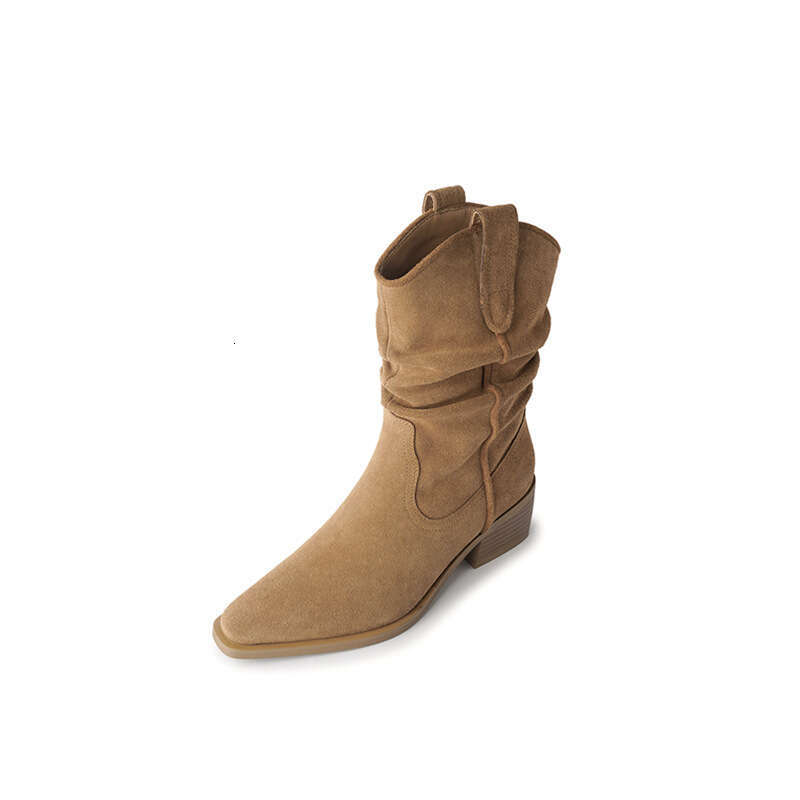 Genuine Leather Cow Suede Melard for Women Brown Wrinkled Slouch Western Cowboy Mid-Calf Short Martin Boots