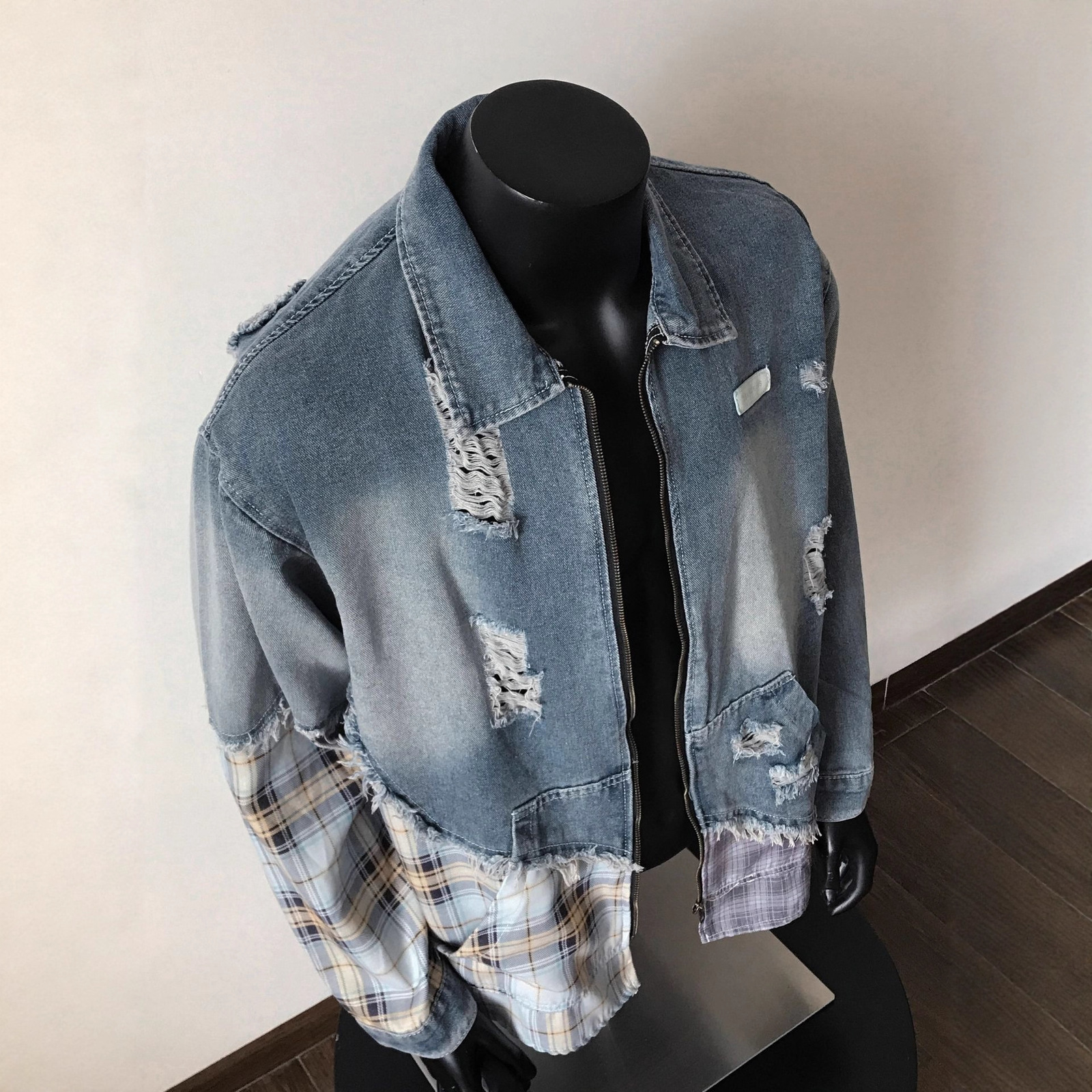 ABOORUN Hi Street Ripped Patchwork Denim Jackets Mens Vintage Turtleneck Cotton Coat 250806