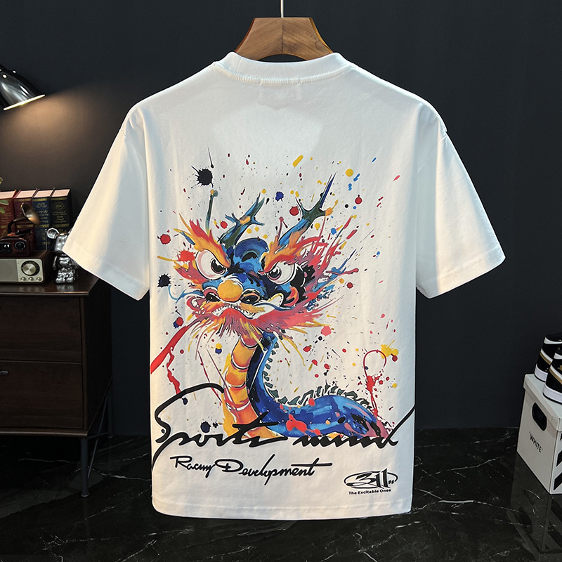 National Trend Embroidered Dragon Head Pattern Graffiti Summer Short Sleeve Designer Hoodie T-shirt For Men 2025 New Loose Casual Round Neck Half Designer Shirt