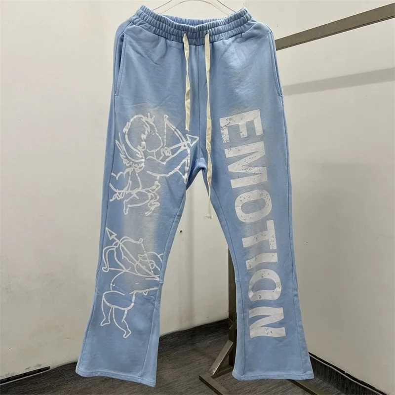 MIXED EMOTION Angel Print Pants Men Women Pure Cotton Washed Blue Oversized Drawstring Sweat Pants X251010