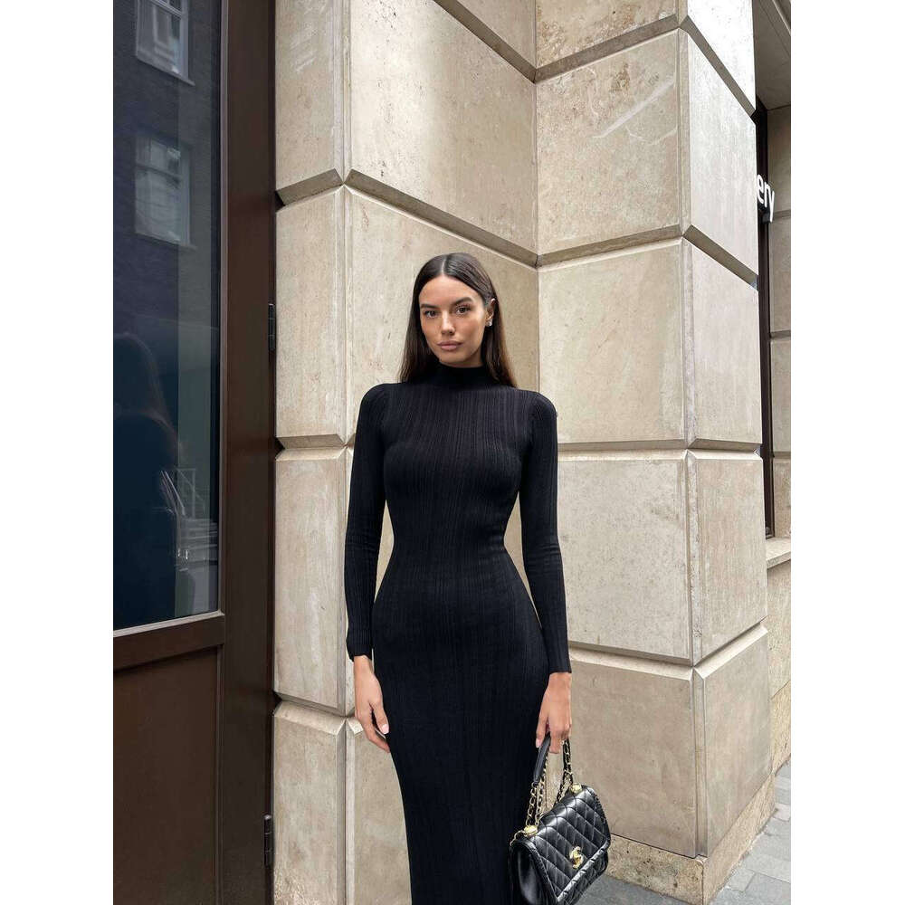 Autumn Winter Long Sleeve Knitted High Neck Tight-Fitting French Elegant Base Striped Sweater Dress B5