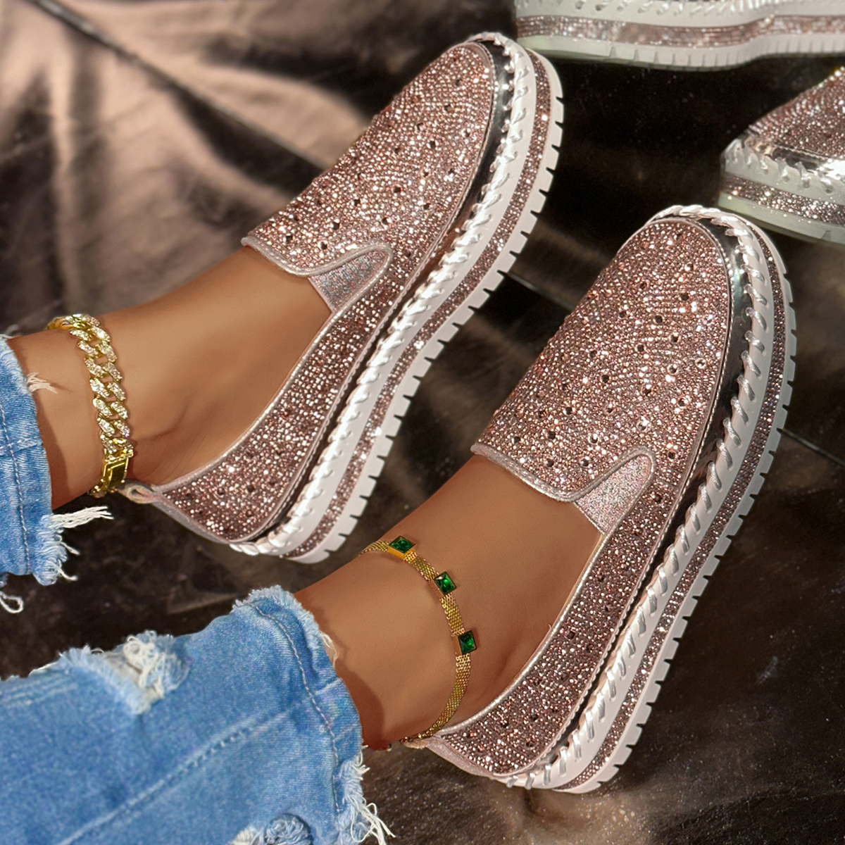Women's Shoes 2026 Fashion Flats Rhinestone Bling Sewing Platform Loafers Luxury Shoes Casual Comfortable Female Shoes Designer Outdoor Sports Sh