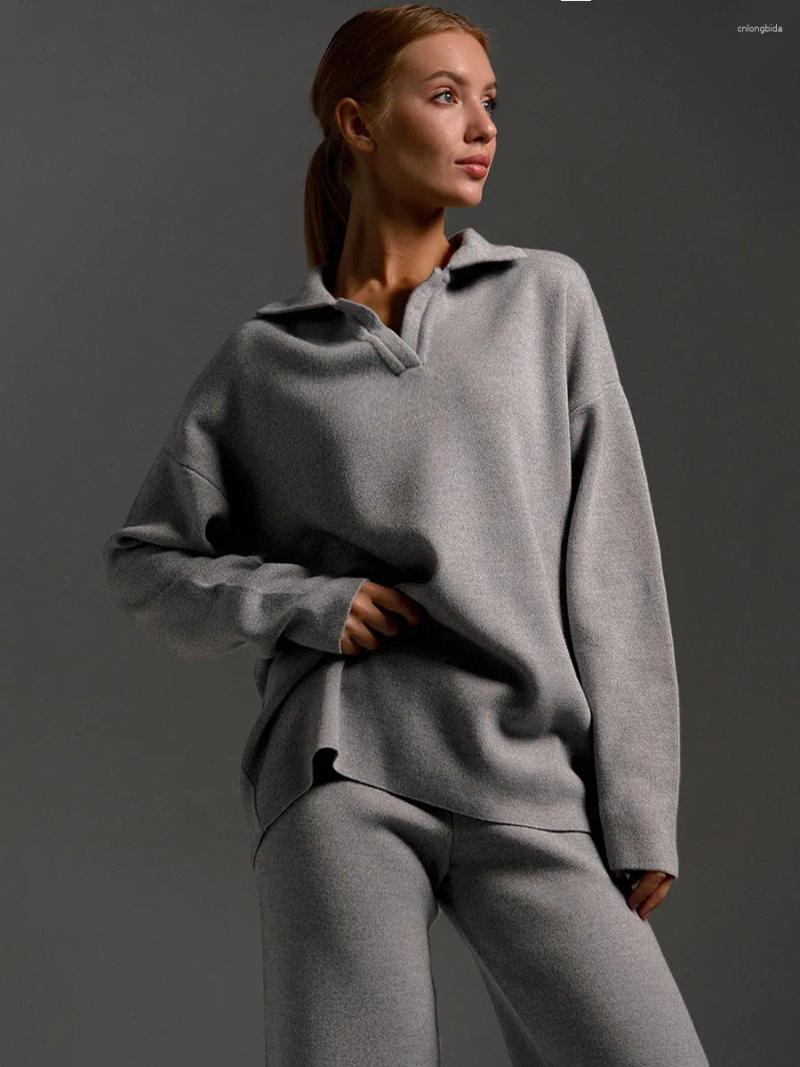 Women's Two Piece Pants Winter Thick Women Knitted 2 Pieces Sets Suits Soft Female Polo Neck Sweater Wide Leg Clothes C260312