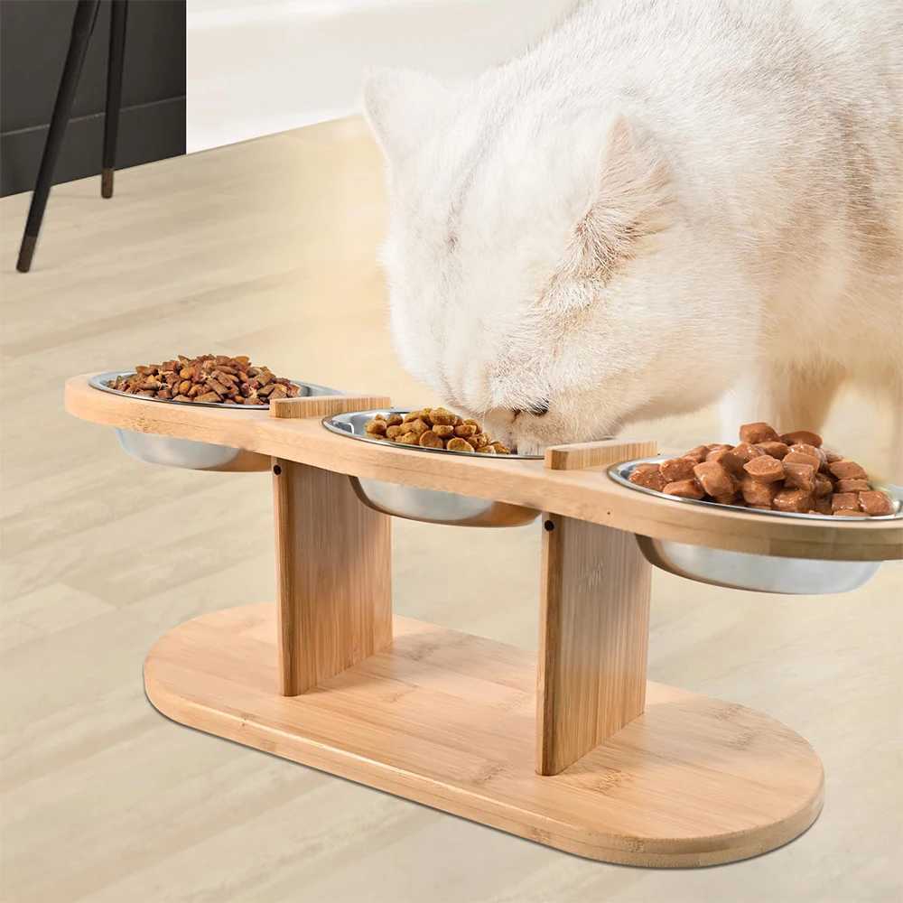 Raised Cat Feeder 3 Bowls in 1 Feeding Watering Supplies 15 Raised Puppy 3 Stainless Steel Bowls Wood Stand Cats Accessories C251009