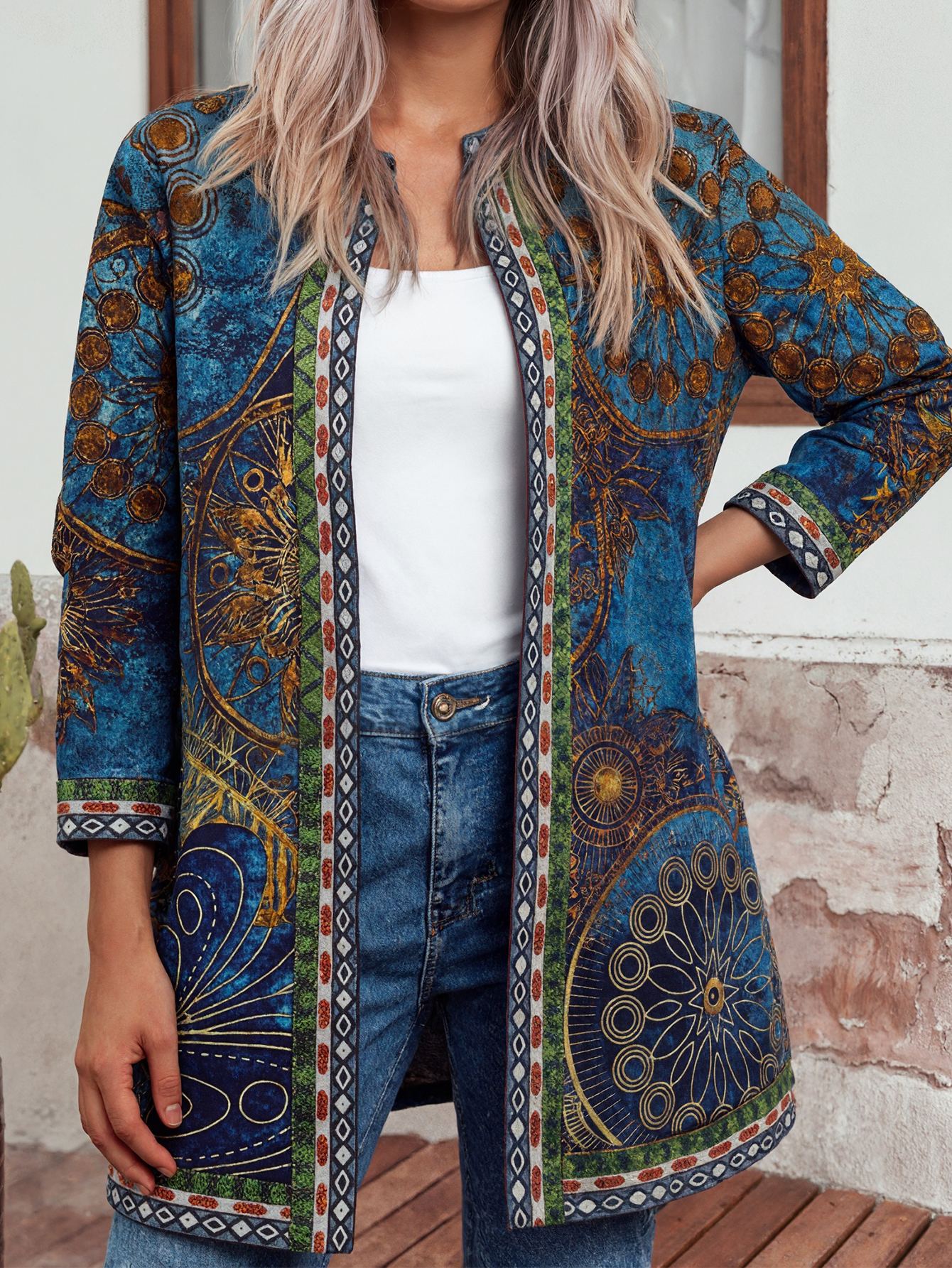 Women's Autumn New Vintage Paisley Print Cardigan - Casual Versatile Blue Open Front Cardigan-CF40344