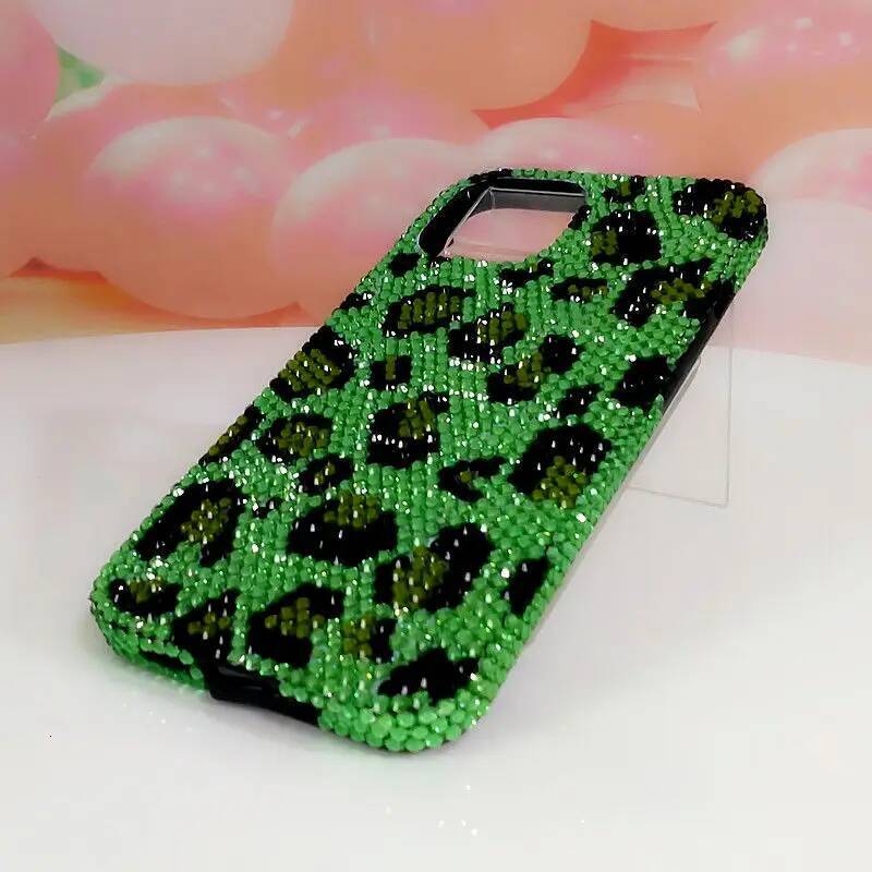 Bing Green Leopard Print Protective for iPhone11 121314 15pro Max Xs Xr Phone Case Rhinestone