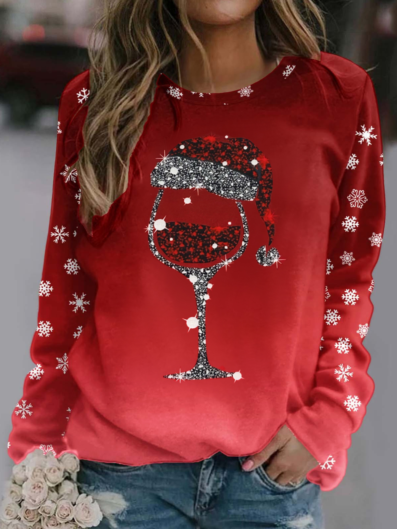 Women's New Christmas Wine Glass & Snowflake Print Sweatshirt - Festive Versatile Top-CF25317