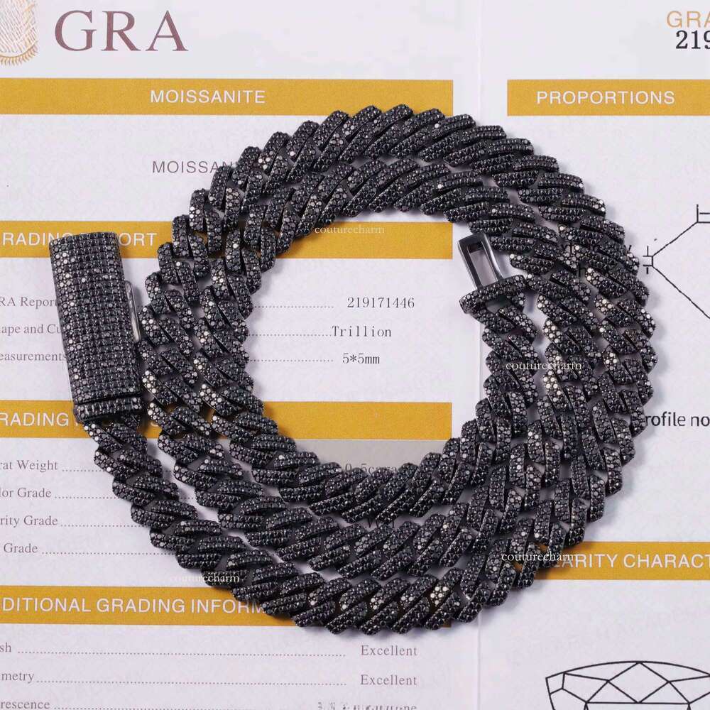 VVS Dia 2rows 10mm 12mm S Sier Hip Hop Necklace Men Black Moissanite Cuban Link Chain For Fashion Jewelry