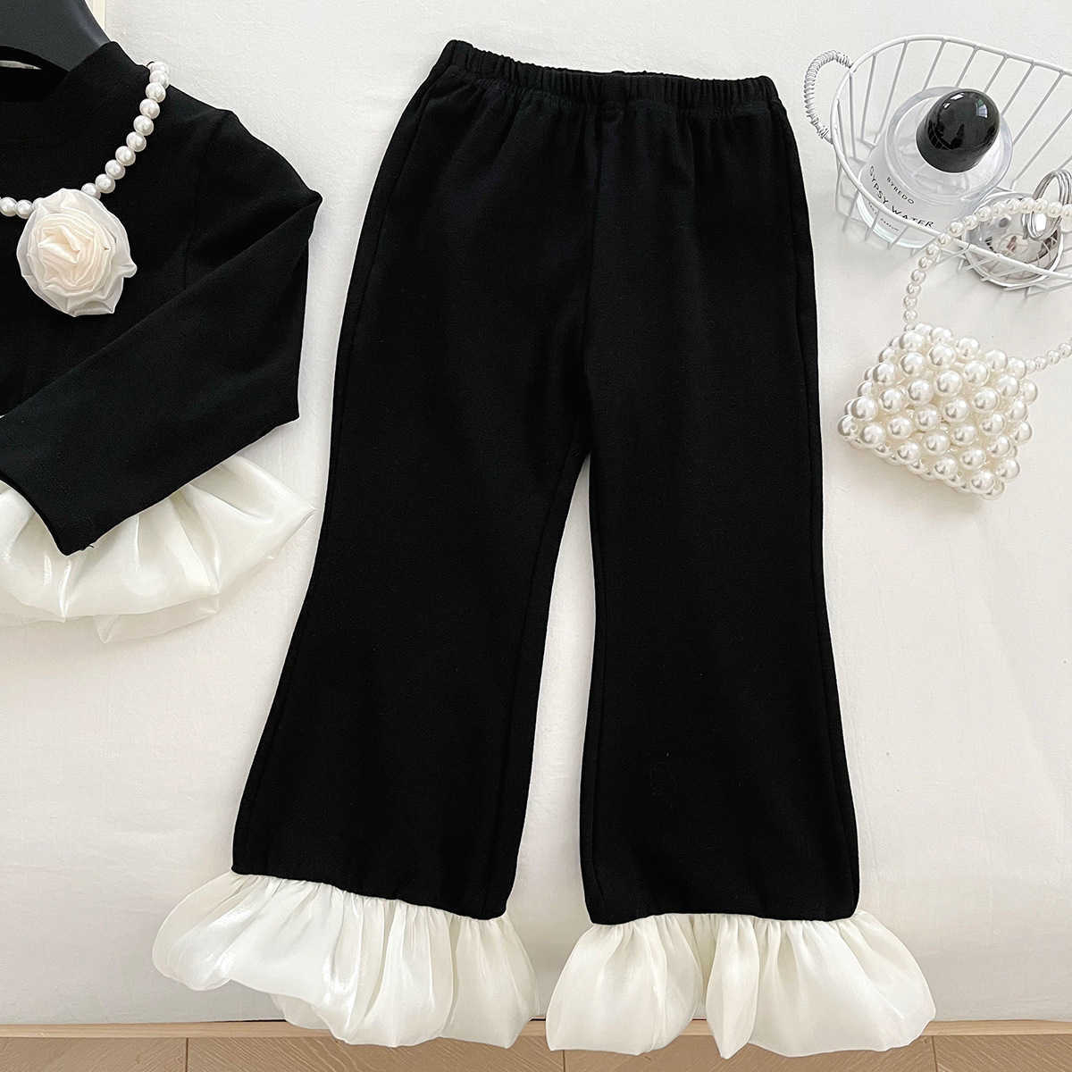 Luxury Stylish Girl's Fall Ensemble: Colorblocked Lace Top & Long Pant Combo - Trendy Kids' Fashion Collection