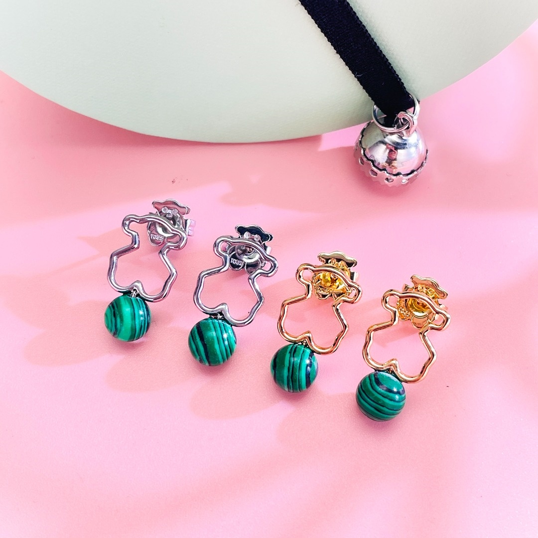 Fashion Women Men Bear Silver Gold Stainless Steel Hollow White Green Pearl Bead Cartoon Animal Zircon Span Stud Earrings Jewelry