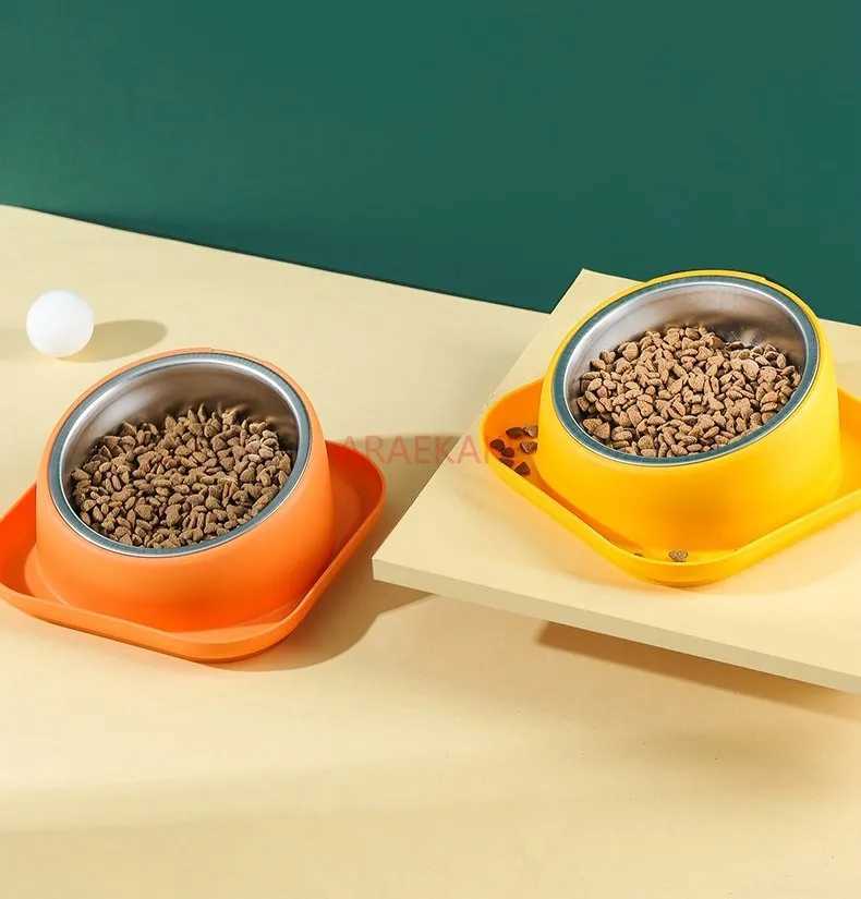 1pcs Slanted mouth cat bowl dog food bowl anti knock stainless steel bowl water drinking integrated rice bowl C251009