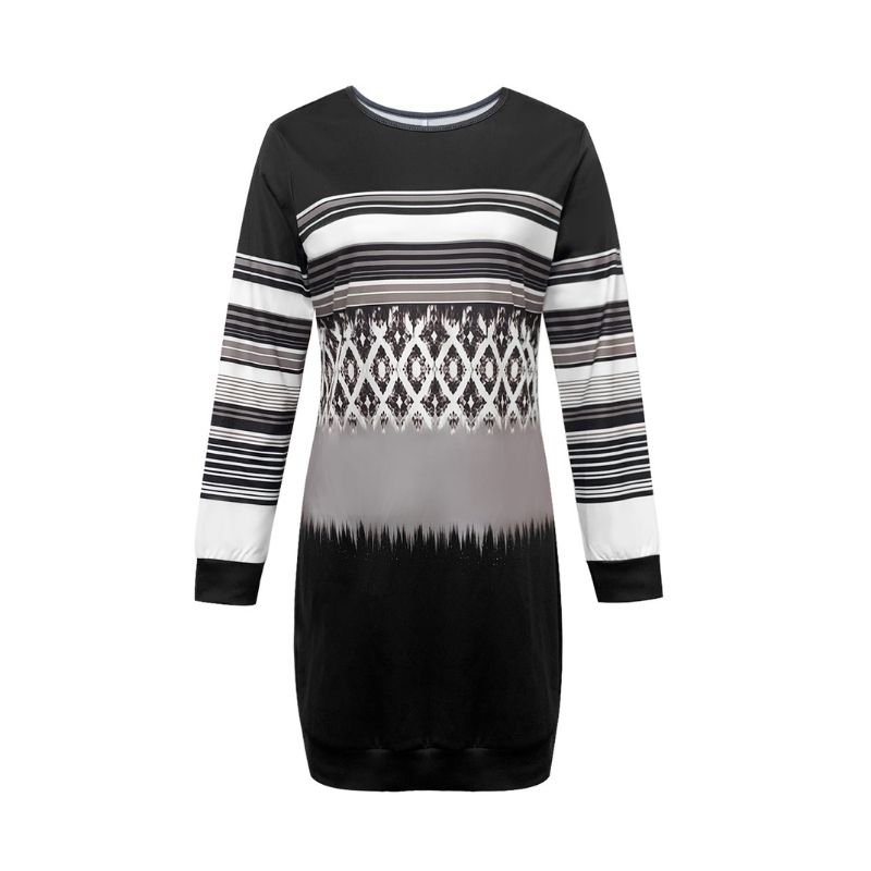 Women's Autumn Winter New Floral Printed Crew Neck Long - Sleeve Dress - Versatile Commute Dress-CF56275