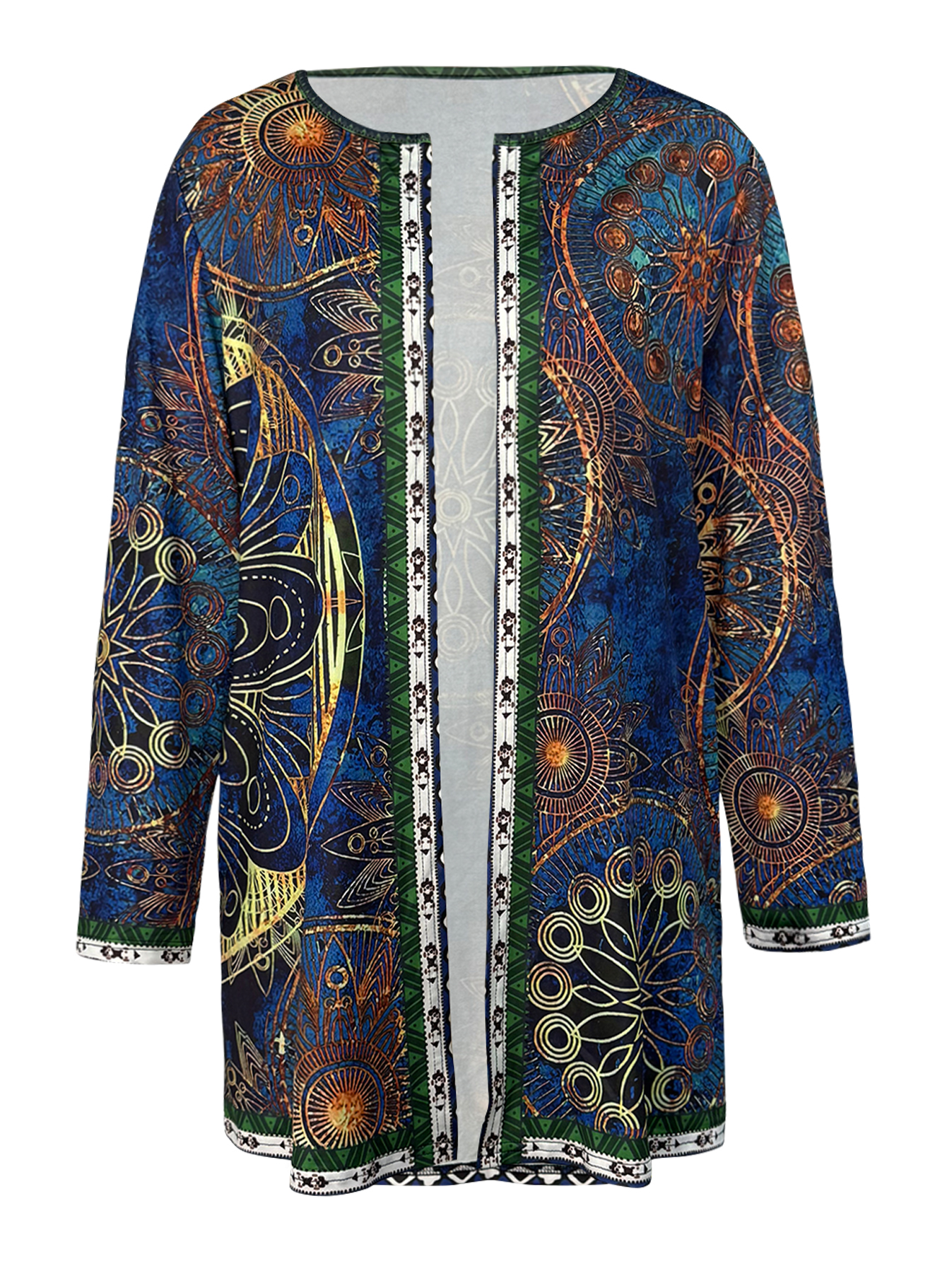 Women's Autumn New Vintage Paisley Print Cardigan - Casual Versatile Blue Open Front Cardigan-CF40344