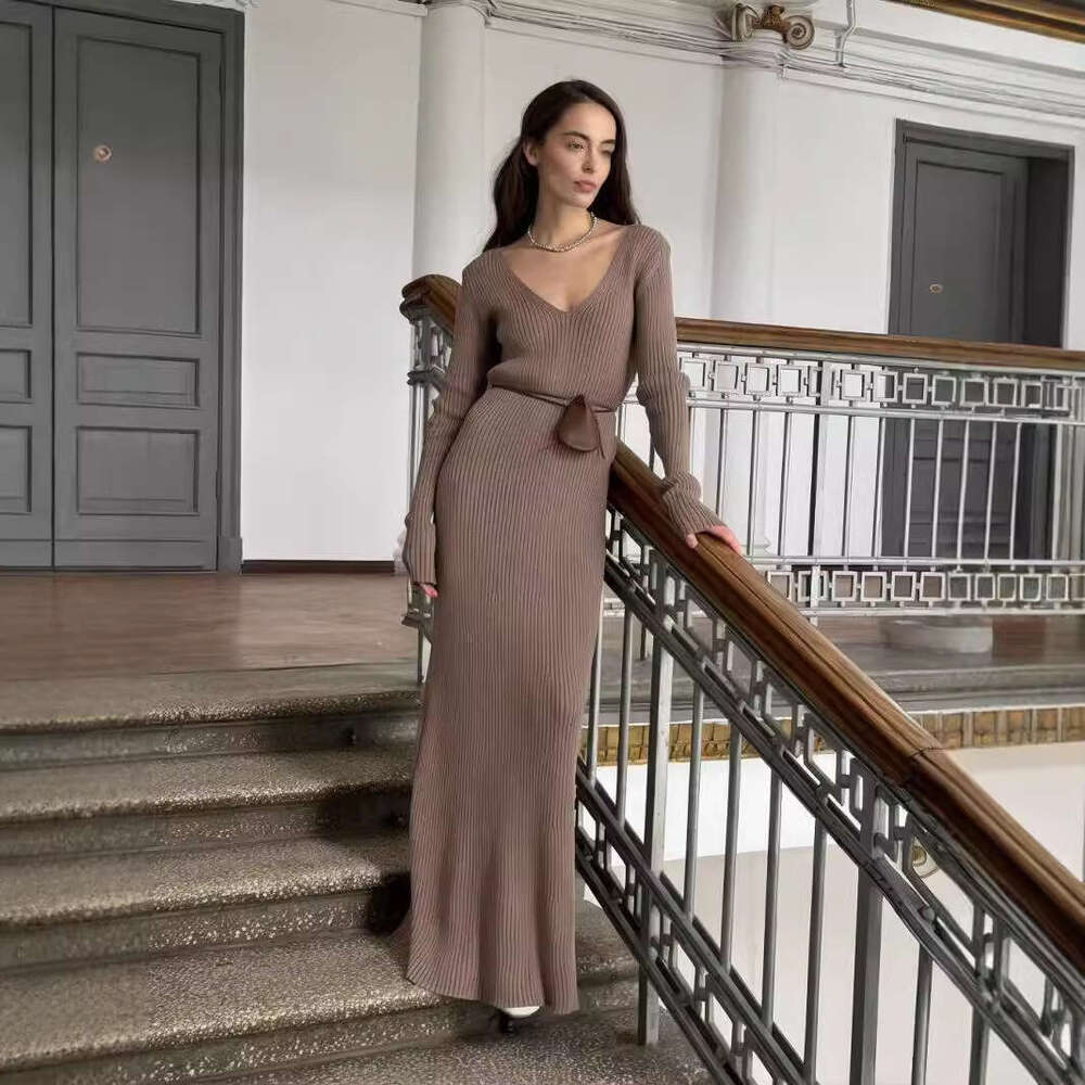 Long Sleeve Knitted Autumn Winter Outer Wear Bottoming Sweater V-Neck French Style Sexy Dress B5