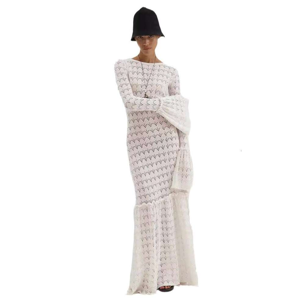 Long Sexy Hollow Out Patchwork Ruffle Sheer Russian Knitted Dress B5
