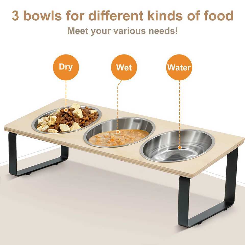 Heightened cat food bowl water bowl iron frame threeslot dog bowl 3 stainless steel bowls suitable for cats and small dogs C251009