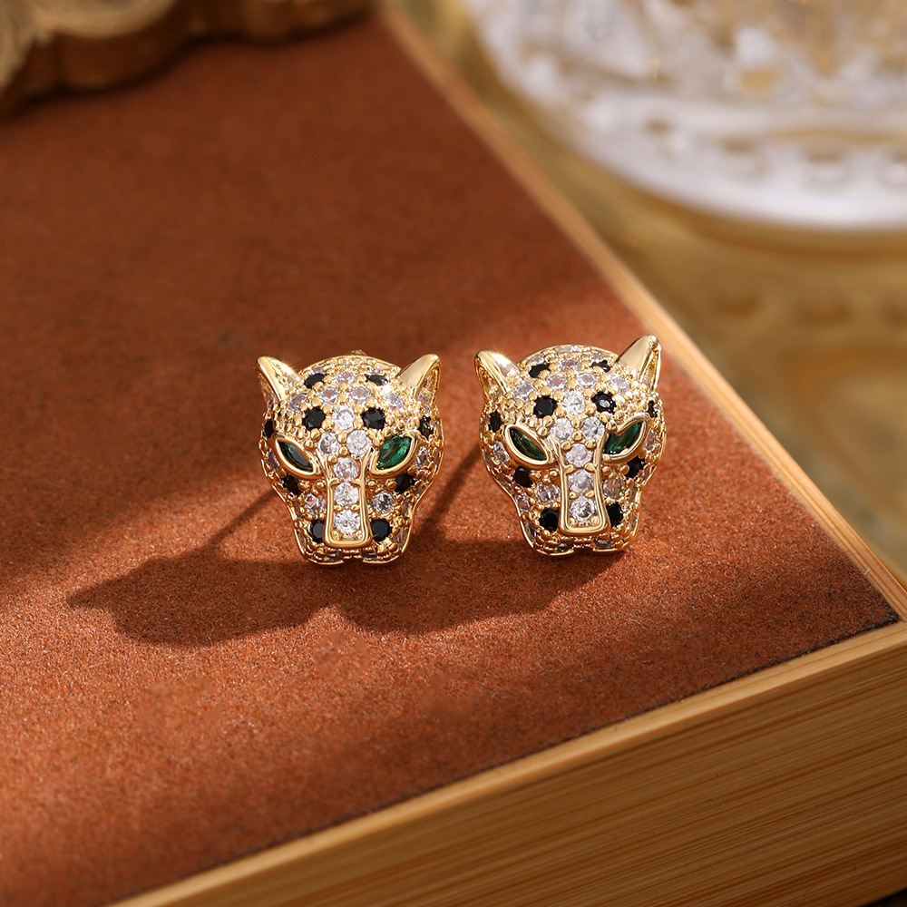 Luxury Brand Designer Jewelry New Exaggerated Leopard Head Earrings Personality Versatile Black Oil Drop Earrings Full Zircon Earrings Wholesale