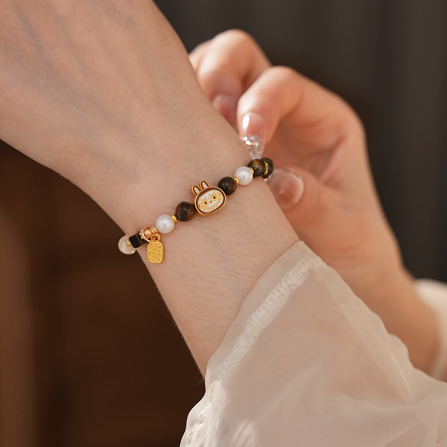 Tiger's Eye Beaded Labubu Stretch Bracelet - Retro Cartoon Playful Style Bracelet with Elegant, Niche and High-End Vibe for Women