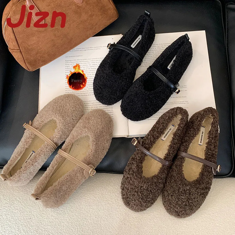 Round Toe Fashion Plush Ladies Flats Shoes Warm Female Shallow Footwear Buckle Strap Women Mary Janes Flats Fur Shoes 251009