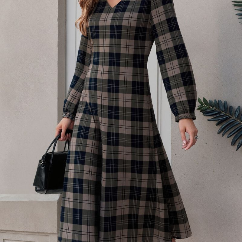 Women's Autumn Winter Plaid Print Midi Dress - Fashionable Commute Long - Sleeve Dress-CF56259